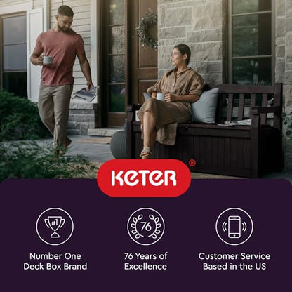 Keter Solana 70 Gallon Storage Bench Deck Box for Patio Furniture, Front Porch Decor and Outdoor Seating – Perfect to Store Garden Tools, Brown/Brown - CookCave