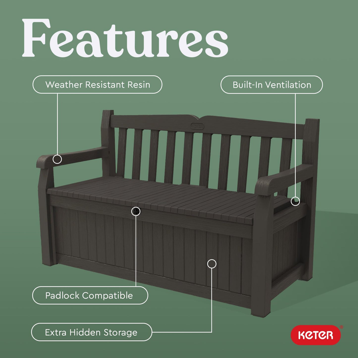 Keter Solana 70 Gallon Storage Bench Deck Box for Patio Furniture, Front Porch Decor and Outdoor Seating – Perfect to Store Garden Tools, Brown/Brown - CookCave