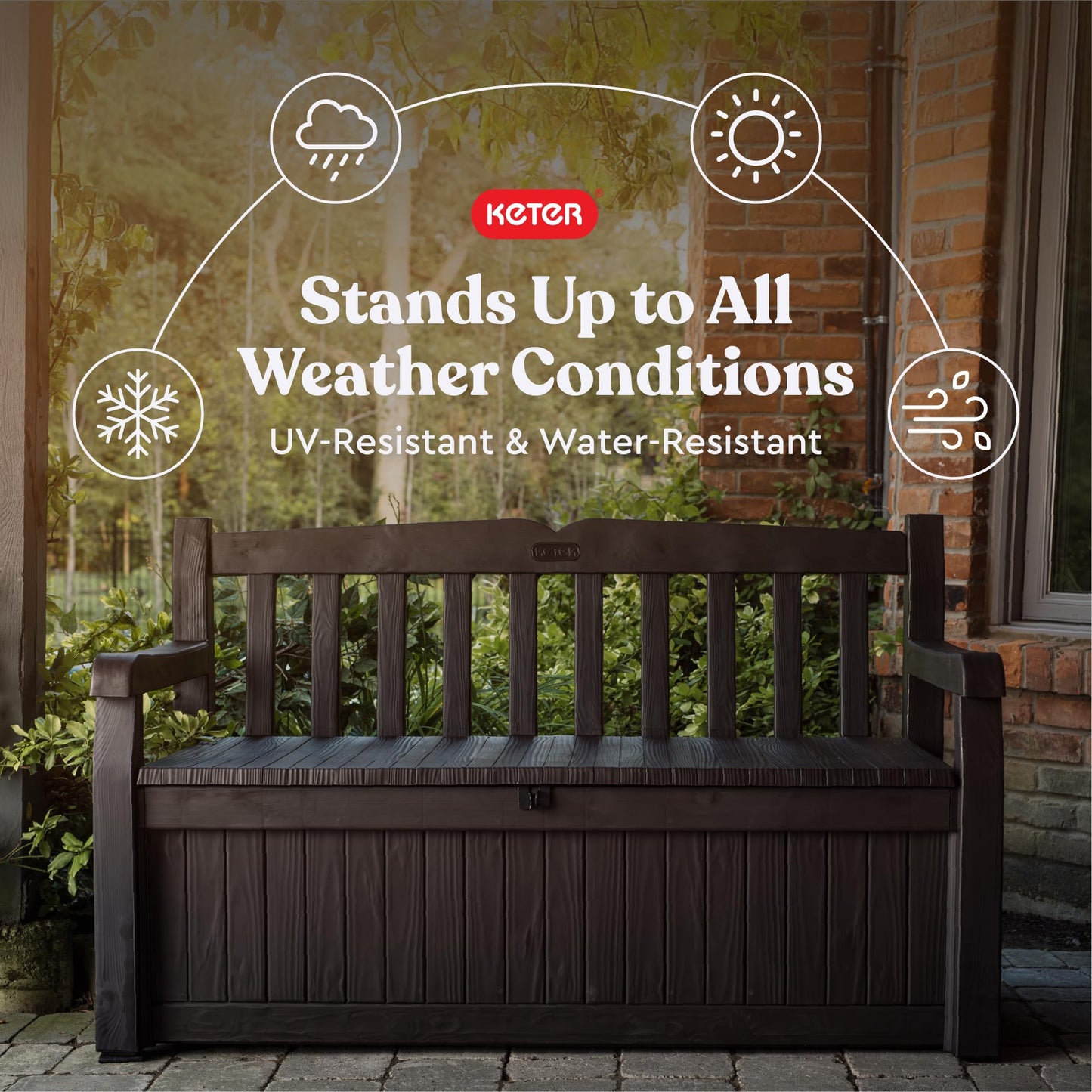 Keter Solana 70 Gallon Storage Bench Deck Box for Patio Furniture, Front Porch Decor and Outdoor Seating – Perfect to Store Garden Tools, Brown/Brown - CookCave