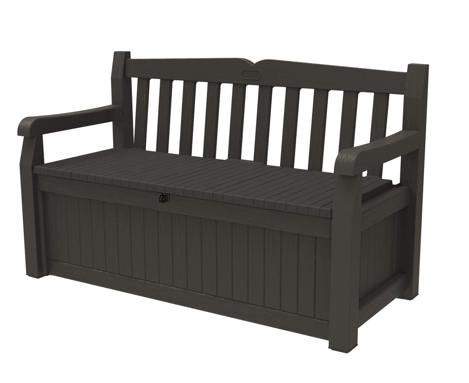 Keter Solana 70 Gallon Storage Bench Deck Box for Patio Furniture, Front Porch Decor and Outdoor Seating – Perfect to Store Garden Tools, Brown/Brown - CookCave