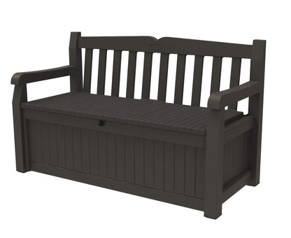 Keter Solana 70 Gallon Storage Bench Deck Box for Patio Furniture, Front Porch Decor and Outdoor Seating – Perfect to Store Garden Tools, Brown/Brown - CookCave