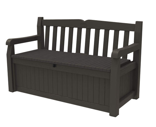 Keter Solana 70 Gallon Storage Bench Deck Box for Patio Furniture, Front Porch Decor and Outdoor Seating – Perfect to Store Garden Tools, Brown/Brown - CookCave