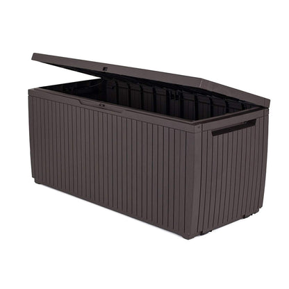 Keter Springwood 80 Gallon Resin Outdoor Storage Box for Patio Furniture Cushions and Garden Tools with Handles, Brown - CookCave