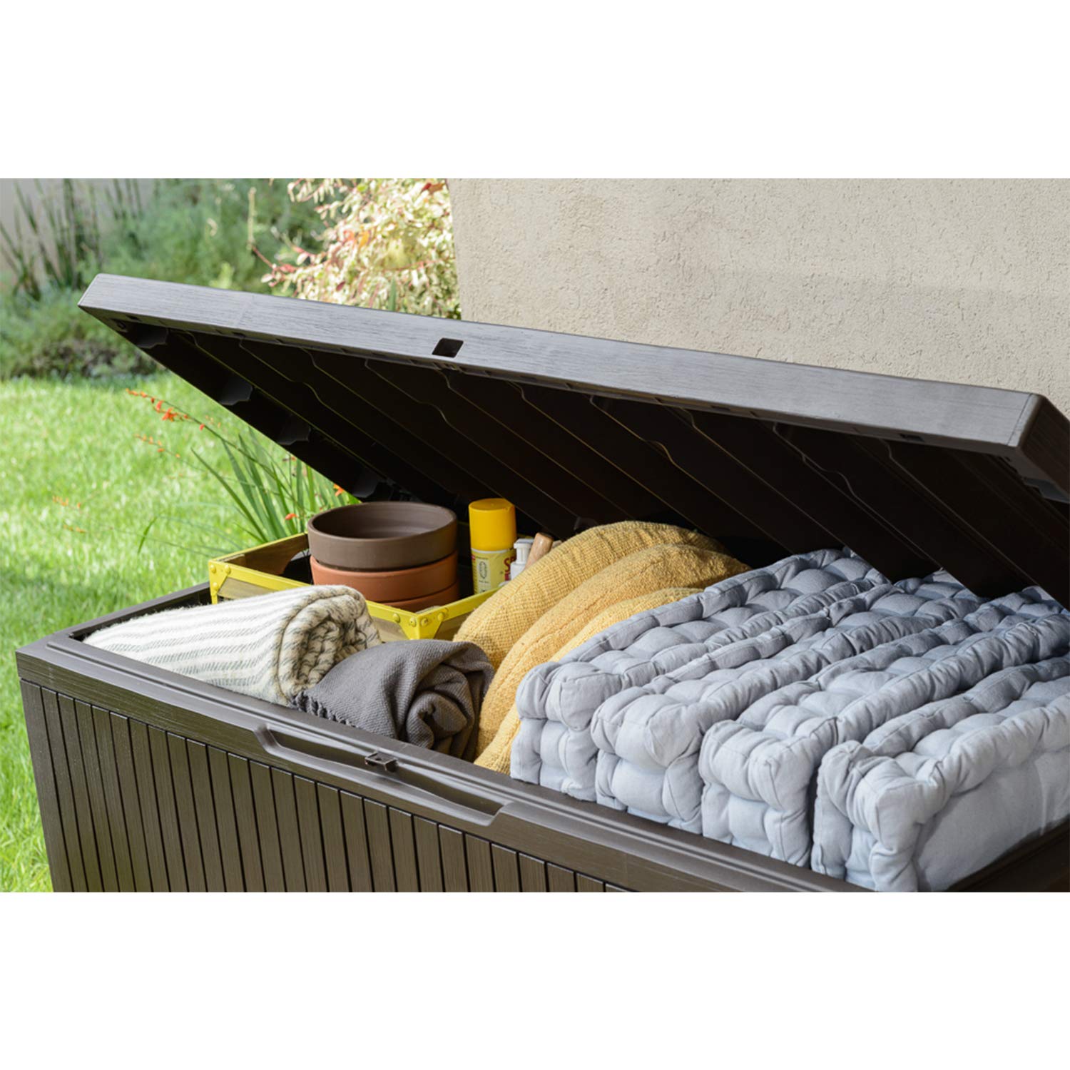 Keter Springwood 80 Gallon Resin Outdoor Storage Box for Patio Furniture Cushions and Garden Tools with Handles, Brown - CookCave