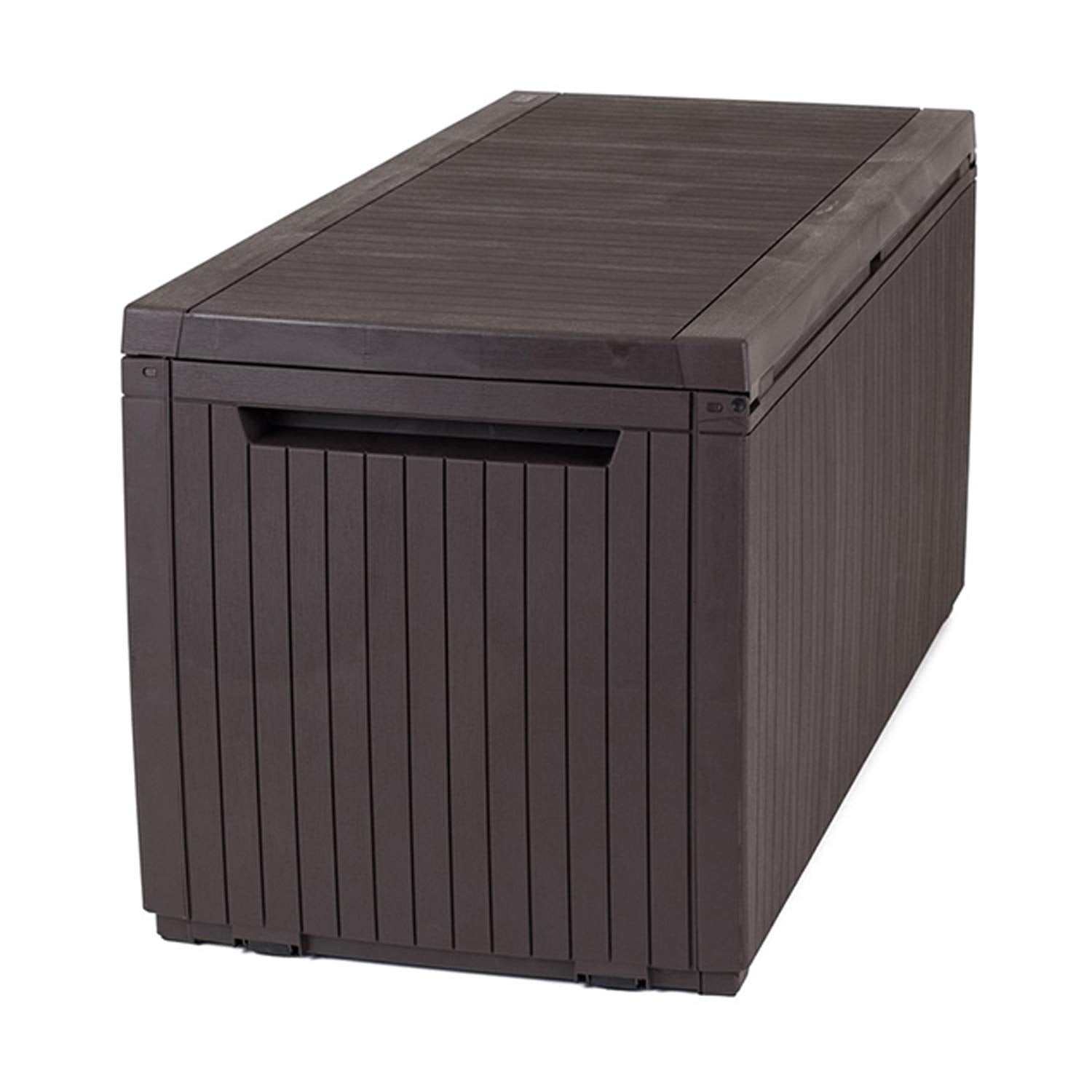Keter Springwood 80 Gallon Resin Outdoor Storage Box for Patio Furniture Cushions and Garden Tools with Handles, Brown - CookCave