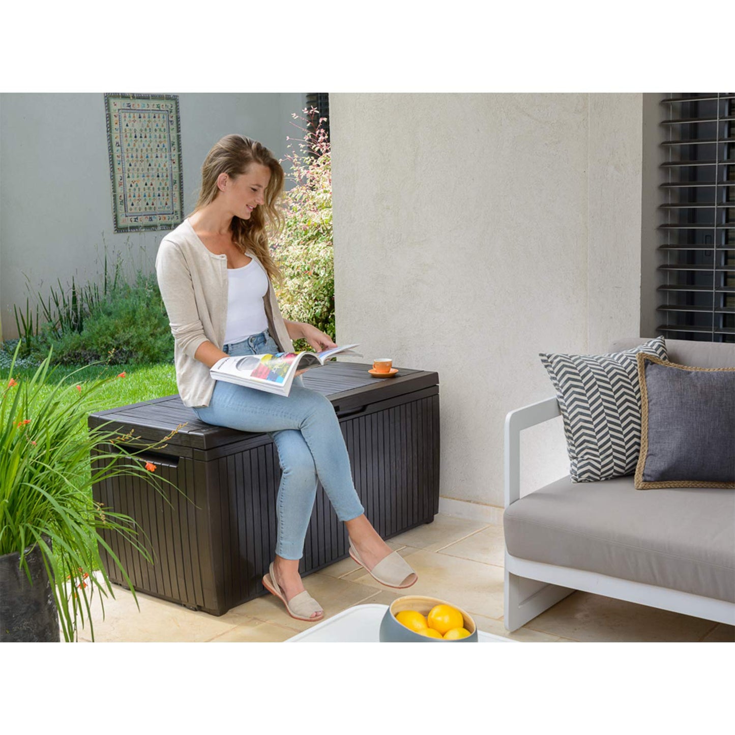 Keter Springwood 80 Gallon Resin Outdoor Storage Box for Patio Furniture Cushions and Garden Tools with Handles, Brown - CookCave