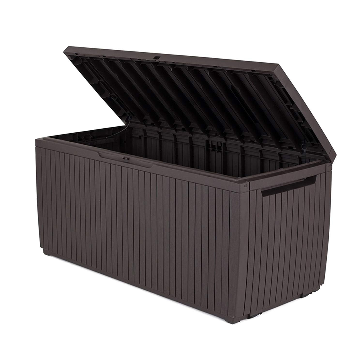 Keter Springwood 80 Gallon Resin Outdoor Storage Box for Patio Furniture Cushions and Garden Tools with Handles, Brown - CookCave