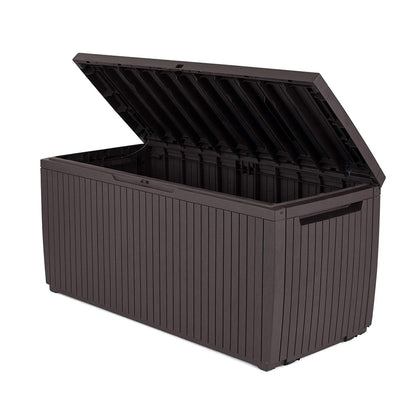 Keter Springwood 80 Gallon Resin Outdoor Storage Box for Patio Furniture Cushions and Garden Tools with Handles, Brown - CookCave