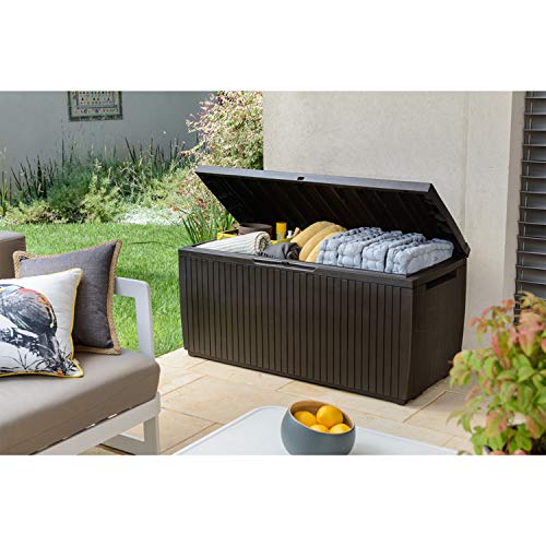 Keter Springwood 80 Gallon Resin Outdoor Storage Box for Patio Furniture Cushions and Garden Tools with Handles, Brown - CookCave