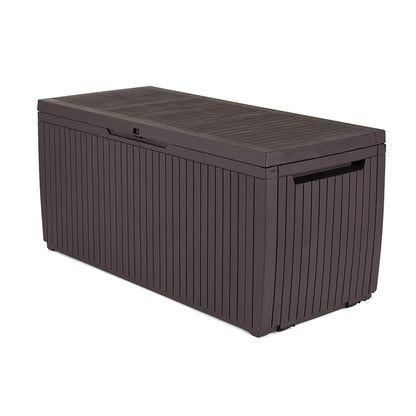 Keter Springwood 80 Gallon Resin Outdoor Storage Box for Patio Furniture Cushions and Garden Tools with Handles, Brown - CookCave
