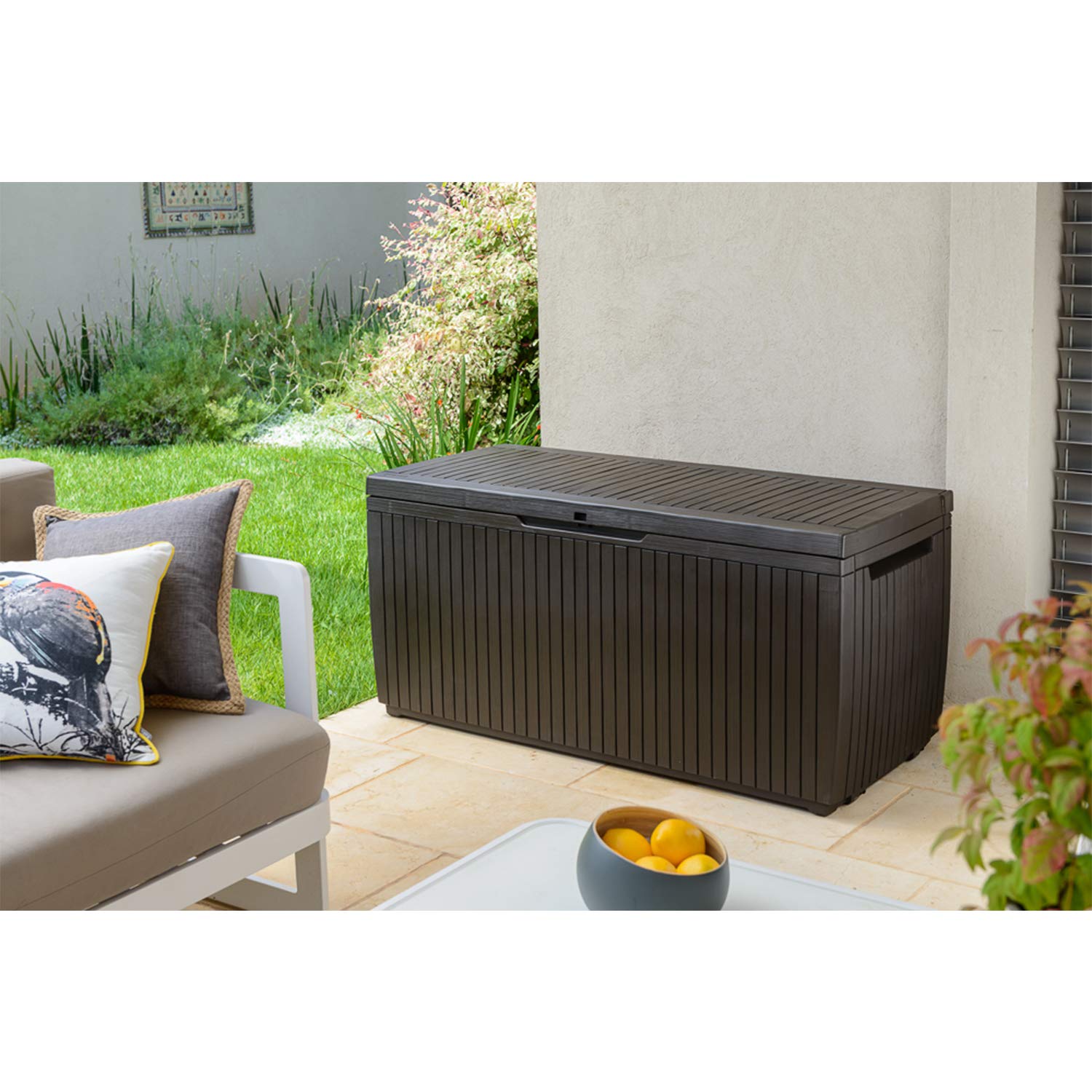 Keter Springwood 80 Gallon Resin Outdoor Storage Box for Patio Furniture Cushions and Garden Tools with Handles, Brown - CookCave