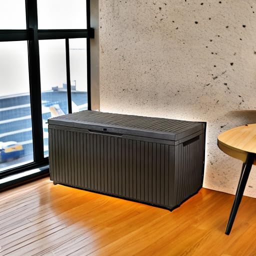 Keter Springwood 80 Gallon Resin Outdoor Storage Box for Patio Furniture Cushions and Garden Tools with Handles, Brown - CookCave