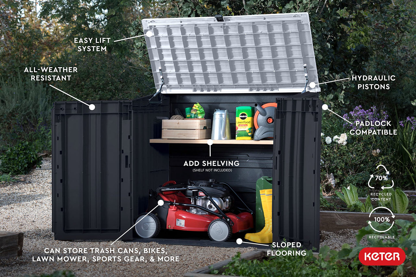 Keter Store-It-Out Prime 4.3 x 3.7 ft. Outdoor Resin Storage Shed with Easy Lift Hinges, Perfect for Yard Tools, Pool Floats and Garden Accessories, Black - CookCave