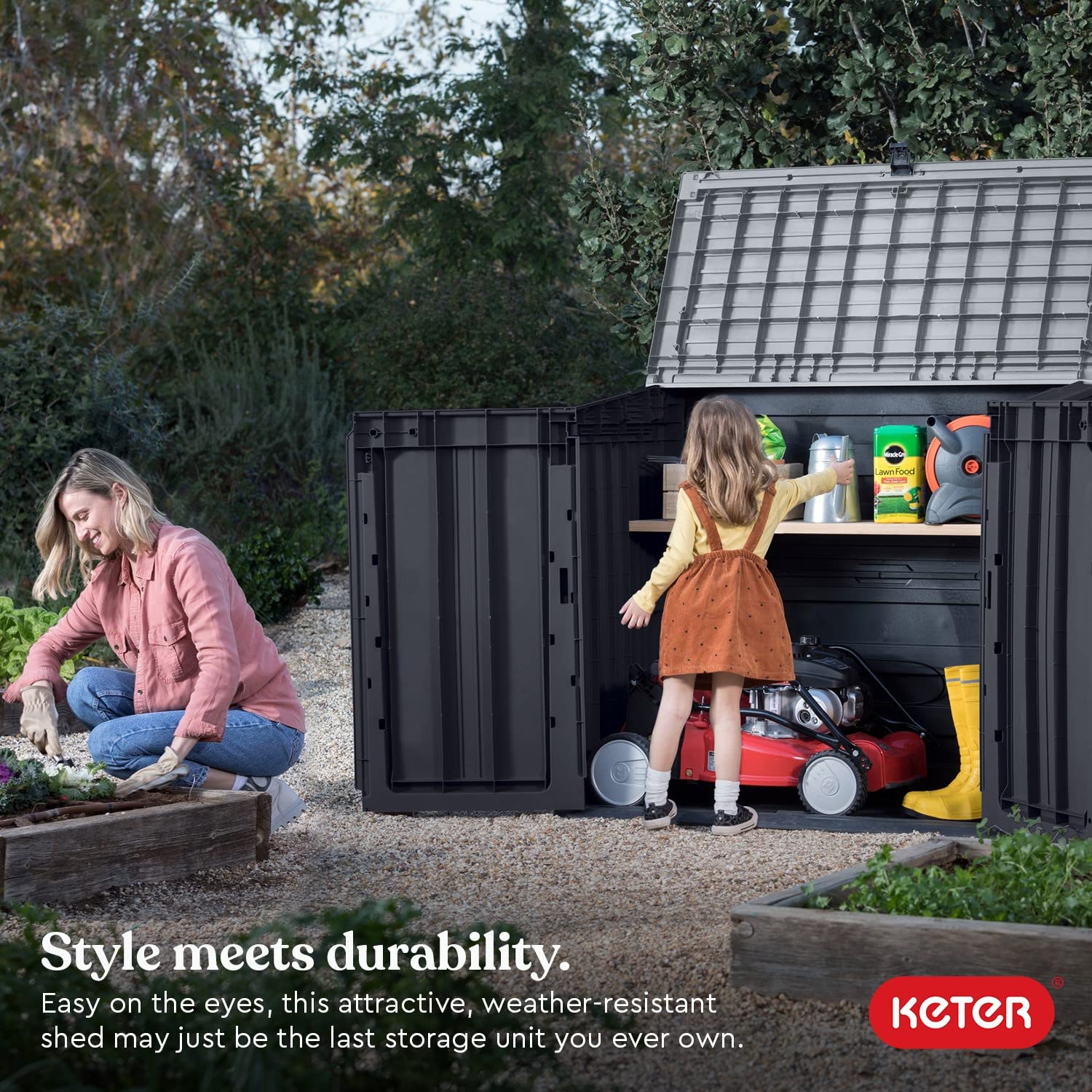 Keter Store-It-Out Prime 4.3 x 3.7 ft. Outdoor Resin Storage Shed with Easy Lift Hinges, Perfect for Yard Tools, Pool Floats and Garden Accessories, Black - CookCave