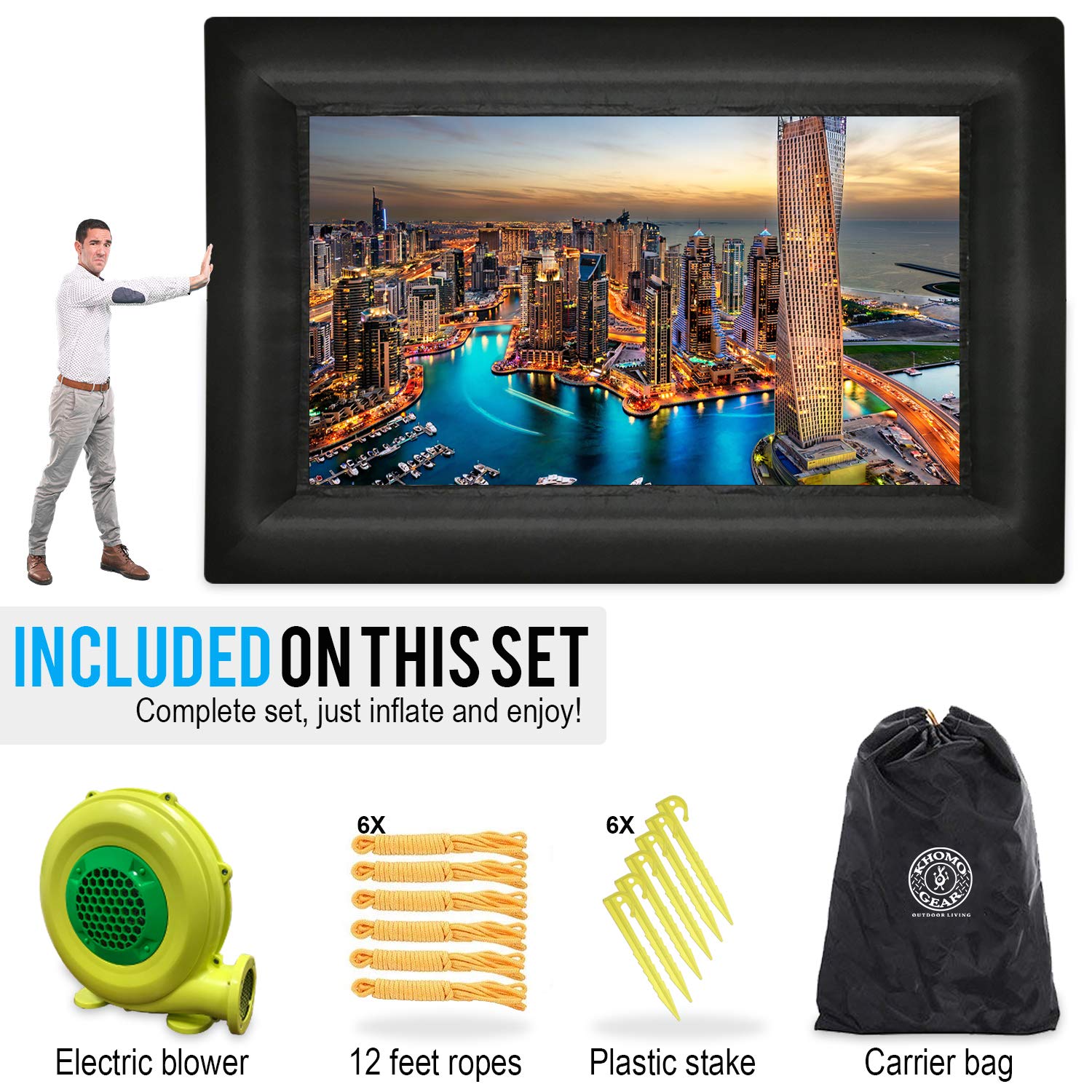 KHOMO GEAR 20 ft Outdoor Projector Screen - Supports Front and Rear Projection - Includes Inflation Fan, Tie-Downs and Storage Bag - Inflatable Projector Screen - CookCave