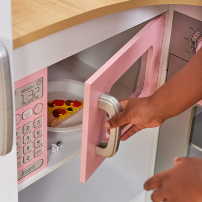 KidKraft Grand Gourmet Corner Wooden Play Kitchen with Washer, Chalkboard, Curtains and 4 Accessories, Gift for Ages 3+ - CookCave