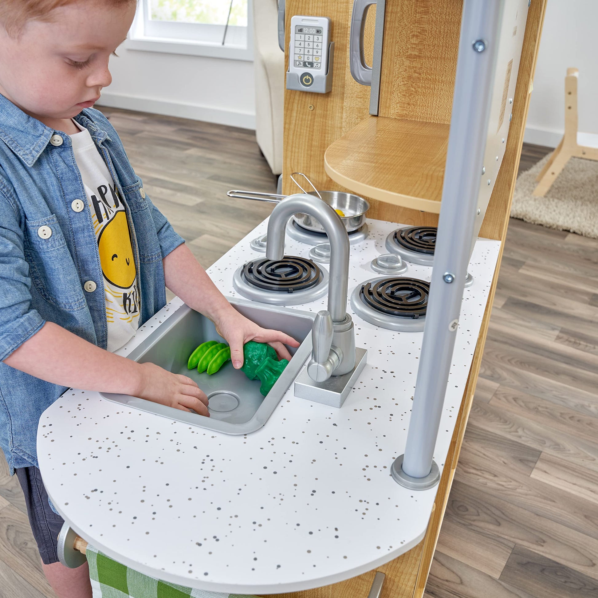 KidKraft Uptown Natural Wooden Play Kitchen with Play Phone, Chalkboard & Towel Rack, Gift for Ages 3+ - CookCave