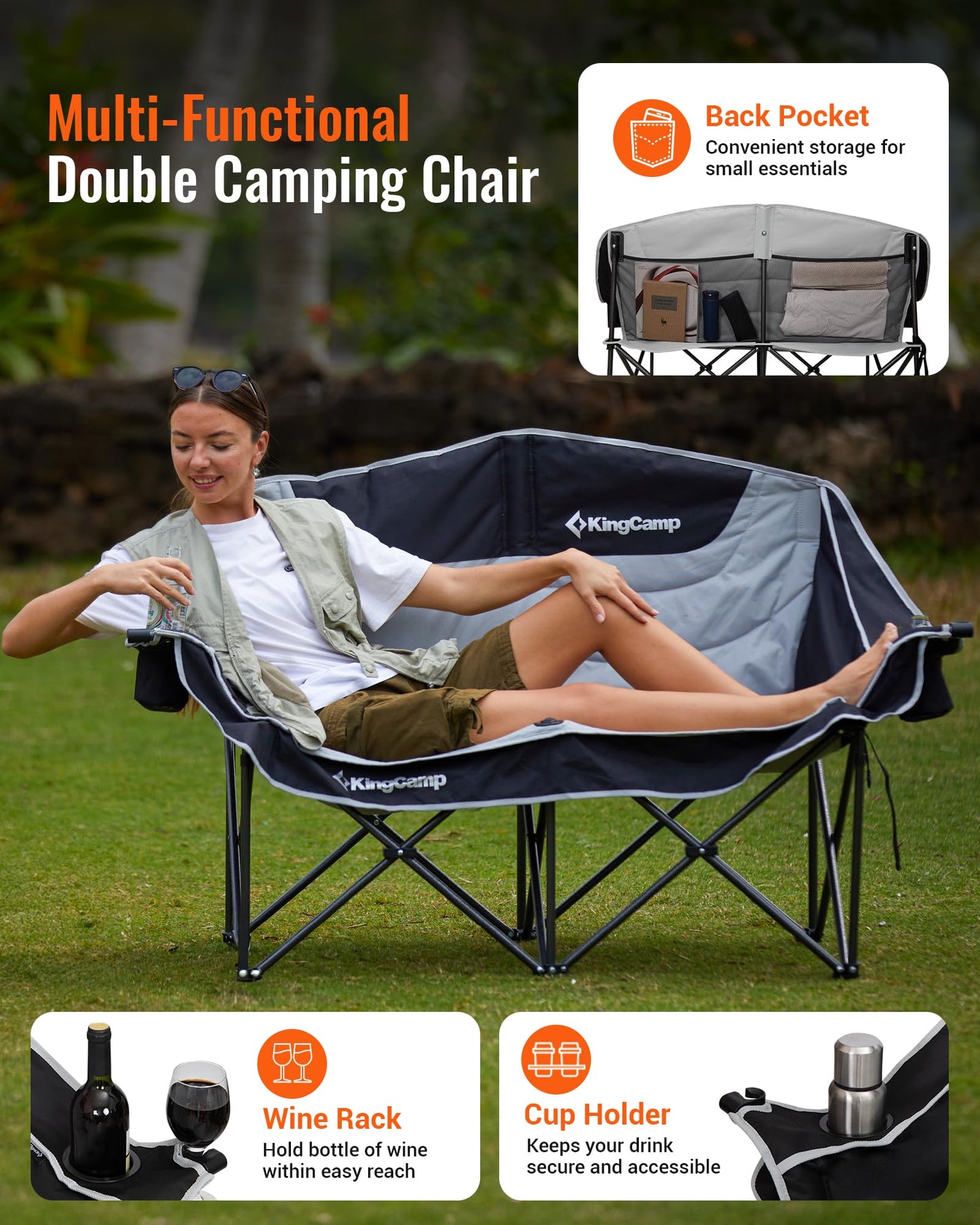 KingCamp Double Camping Chair, Oversized 660lbs Heavy Duty Loveseat for Adults Portable Folding XL 2 Person Couch Padded Comfortable Two Seat with Cup Holder for Outdoor Lawn Backyard, Black/Grey - CookCave