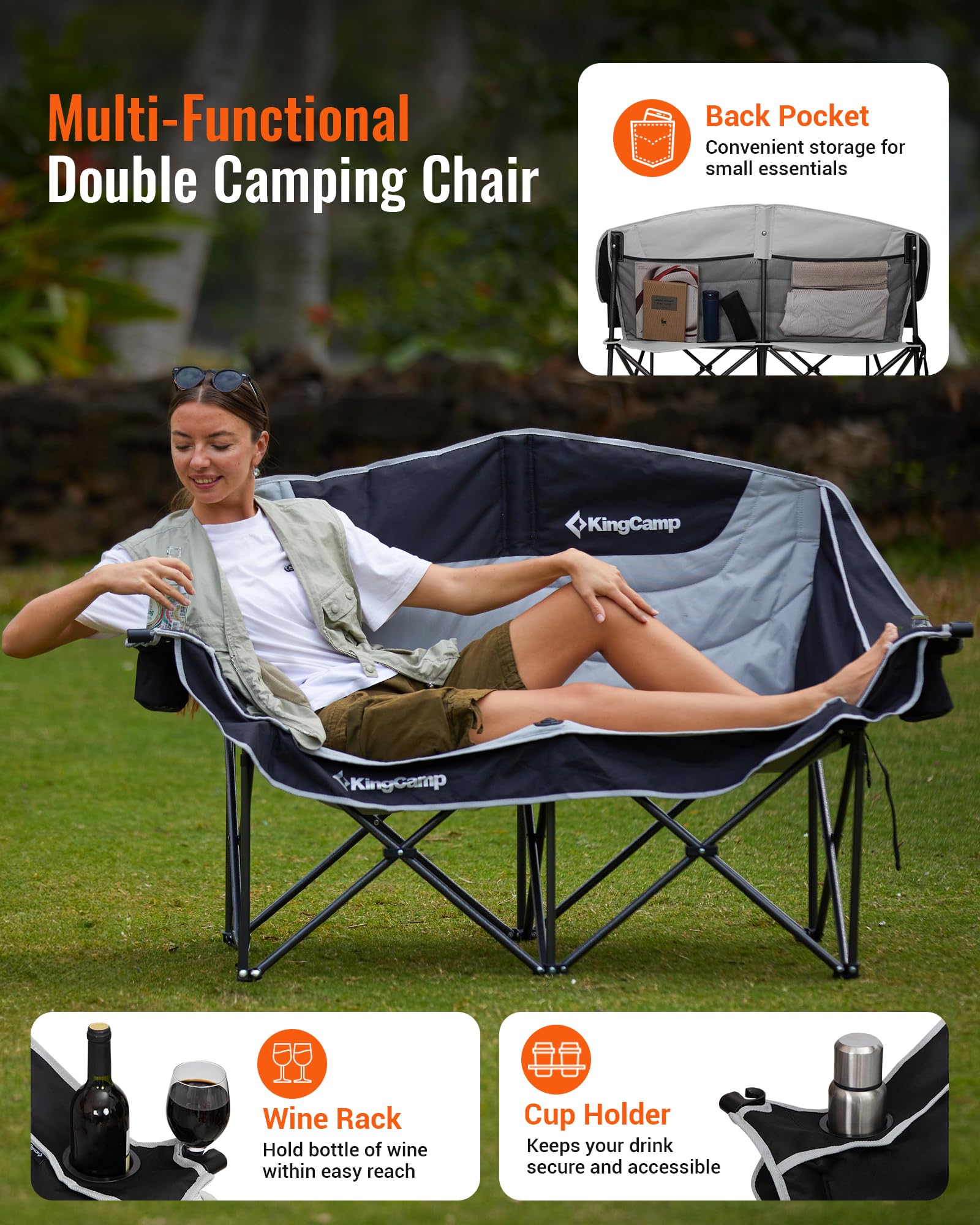 KingCamp Double Camping Chair, Oversized 660lbs Heavy Duty Loveseat for Adults Portable Folding XL 2 Person Couch Padded Comfortable Two Seat with Cup Holder for Outdoor Lawn Backyard, Black/Grey - CookCave