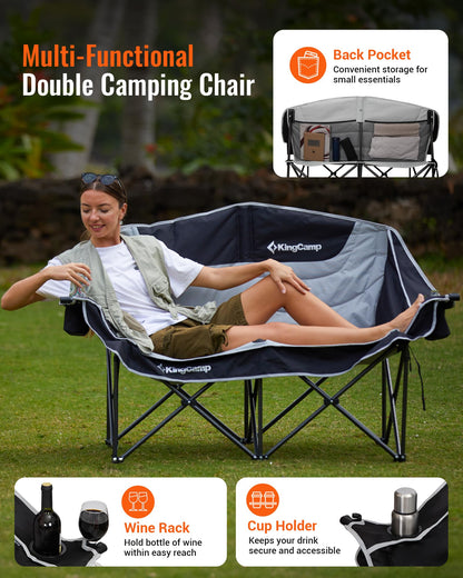 KingCamp Double Camping Chair, Oversized 660lbs Heavy Duty Loveseat for Adults Portable Folding XL 2 Person Couch Padded Comfortable Two Seat with Cup Holder for Outdoor Lawn Backyard, Black/Grey - CookCave