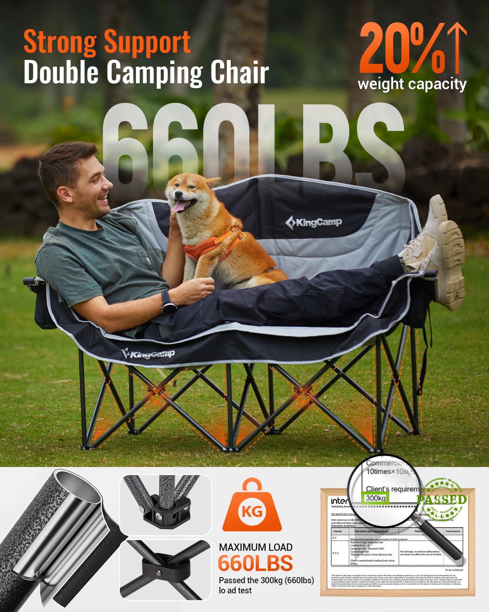 KingCamp Double Camping Chair, Oversized 660lbs Heavy Duty Loveseat for Adults Portable Folding XL 2 Person Couch Padded Comfortable Two Seat with Cup Holder for Outdoor Lawn Backyard, Black/Grey - CookCave