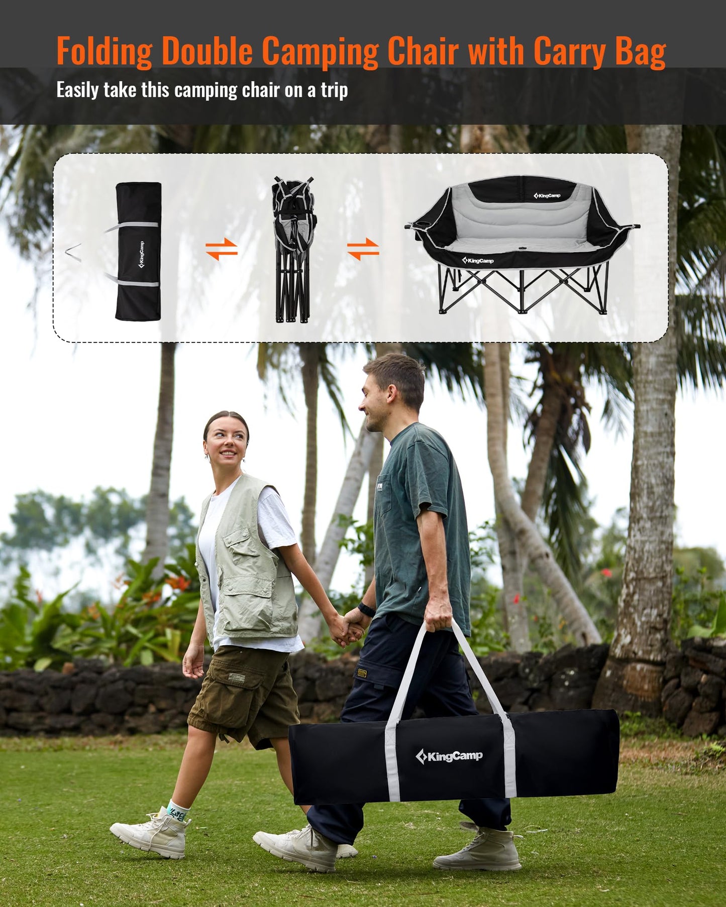 KingCamp Double Camping Chair, Oversized 660lbs Heavy Duty Loveseat for Adults Portable Folding XL 2 Person Couch Padded Comfortable Two Seat with Cup Holder for Outdoor Lawn Backyard, Black/Grey - CookCave