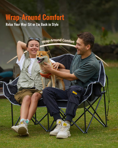 KingCamp Double Camping Chair, Oversized 660lbs Heavy Duty Loveseat for Adults Portable Folding XL 2 Person Couch Padded Comfortable Two Seat with Cup Holder for Outdoor Lawn Backyard, Black/Grey - CookCave