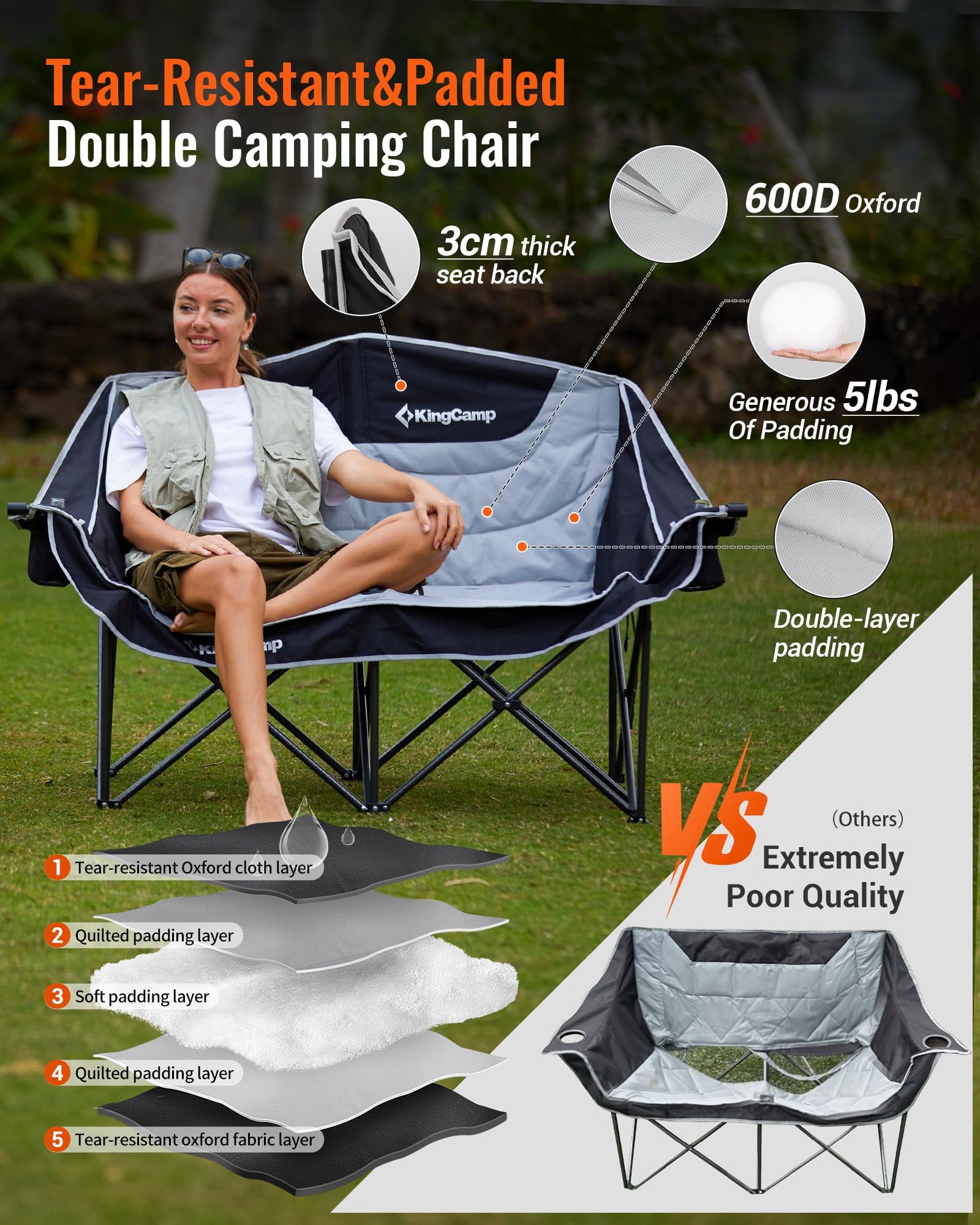 KingCamp Double Camping Chair, Oversized 660lbs Heavy Duty Loveseat for Adults Portable Folding XL 2 Person Couch Padded Comfortable Two Seat with Cup Holder for Outdoor Lawn Backyard, Black/Grey - CookCave