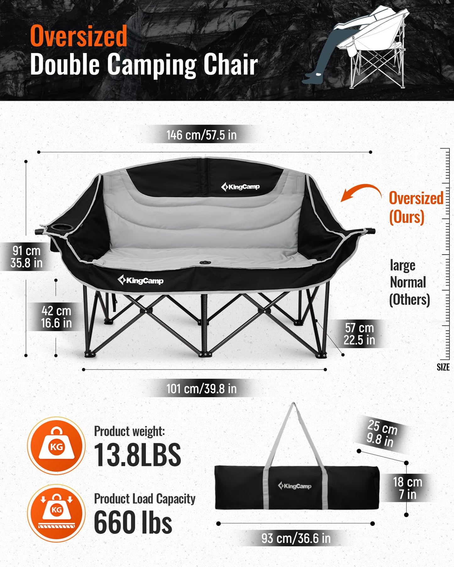 KingCamp Double Camping Chair, Oversized 660lbs Heavy Duty Loveseat for Adults Portable Folding XL 2 Person Couch Padded Comfortable Two Seat with Cup Holder for Outdoor Lawn Backyard, Black/Grey - CookCave