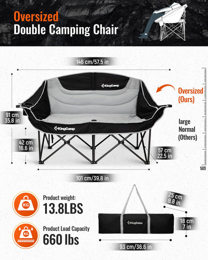 KingCamp Double Camping Chair, Oversized 660lbs Heavy Duty Loveseat for Adults Portable Folding XL 2 Person Couch Padded Comfortable Two Seat with Cup Holder for Outdoor Lawn Backyard, Black/Grey - CookCave
