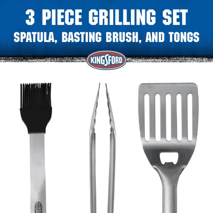Kingsford Stainless Steel 3-Piece BBQ Tool Set | Tongs, Basting Brush, Spatula | Rust-Resistant Grilling Tools - CookCave