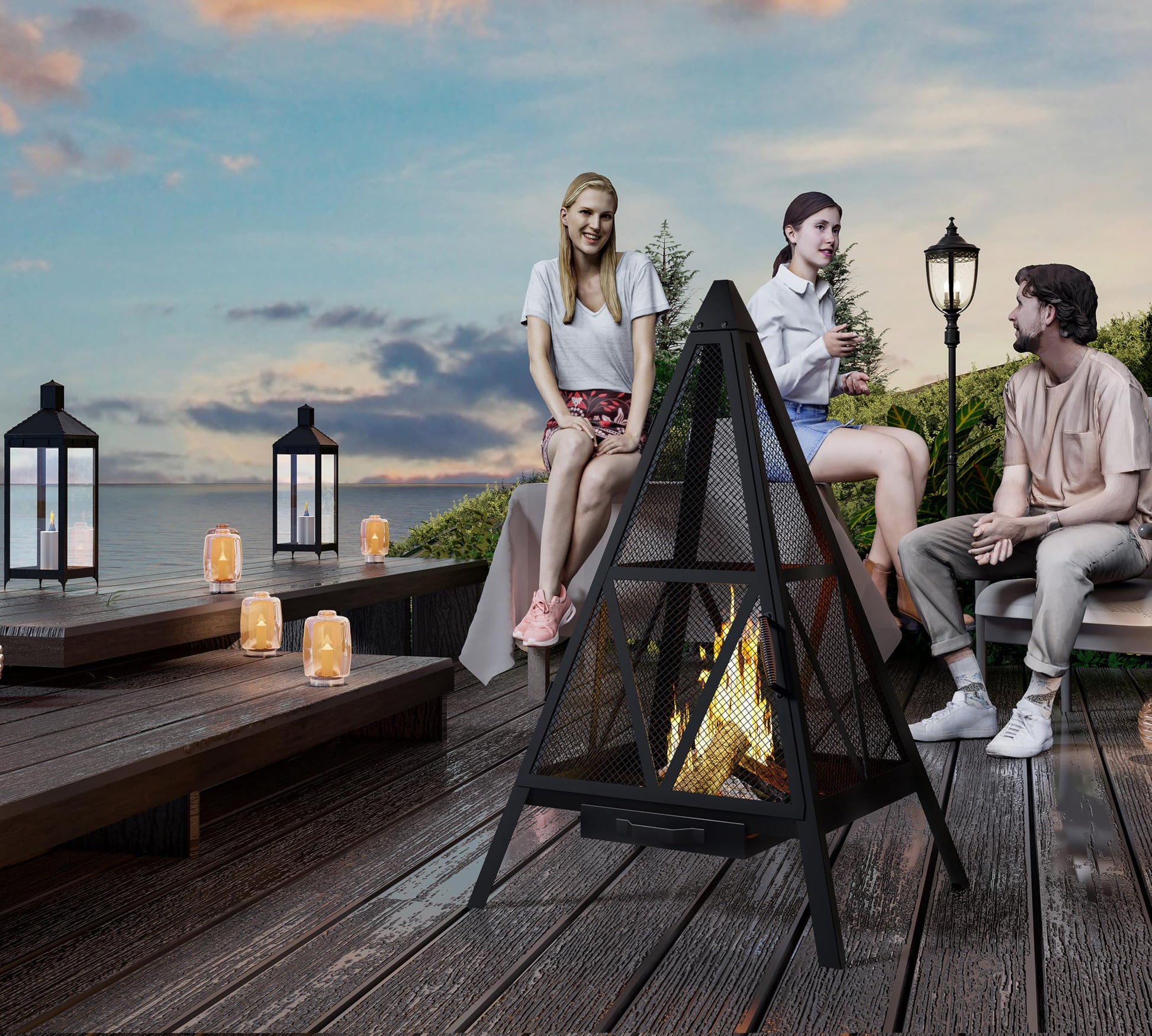 Kingson Pyramid Shape Heavy-Duty Steel Mesh Outdoor Fire Pit Includes Poker High-Temperature Powder-Coated Finish Durable Patio Fireplace for Gatherings & Entertainment - CookCave