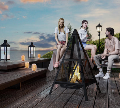 Kingson Pyramid Shape Heavy-Duty Steel Mesh Outdoor Fire Pit Includes Poker High-Temperature Powder-Coated Finish Durable Patio Fireplace for Gatherings & Entertainment - CookCave