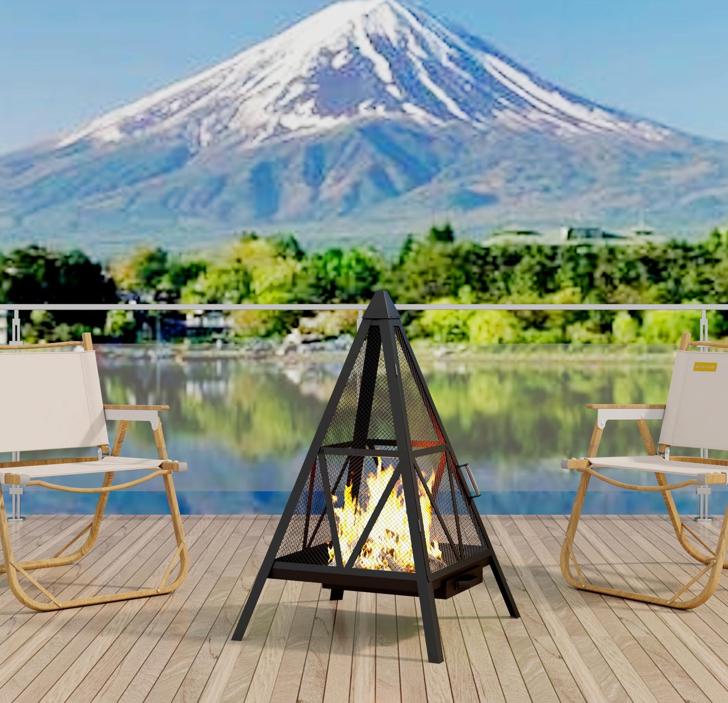 Kingson Pyramid Shape Heavy-Duty Steel Mesh Outdoor Fire Pit Includes Poker High-Temperature Powder-Coated Finish Durable Patio Fireplace for Gatherings & Entertainment - CookCave