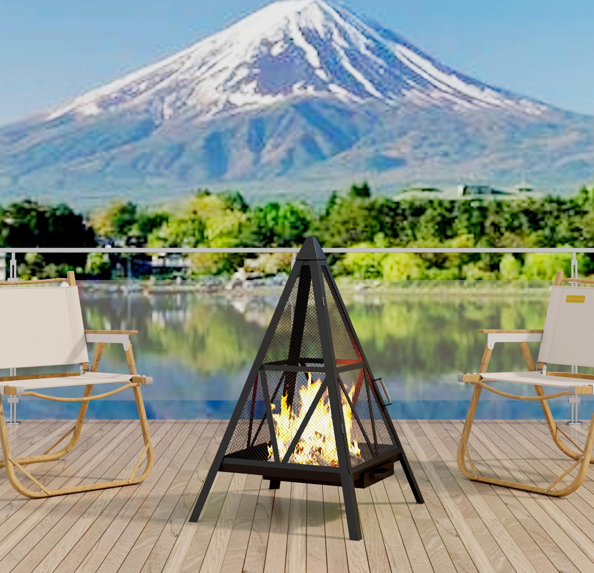 Kingson Pyramid Shape Heavy-Duty Steel Mesh Outdoor Fire Pit Includes Poker High-Temperature Powder-Coated Finish Durable Patio Fireplace for Gatherings & Entertainment - CookCave