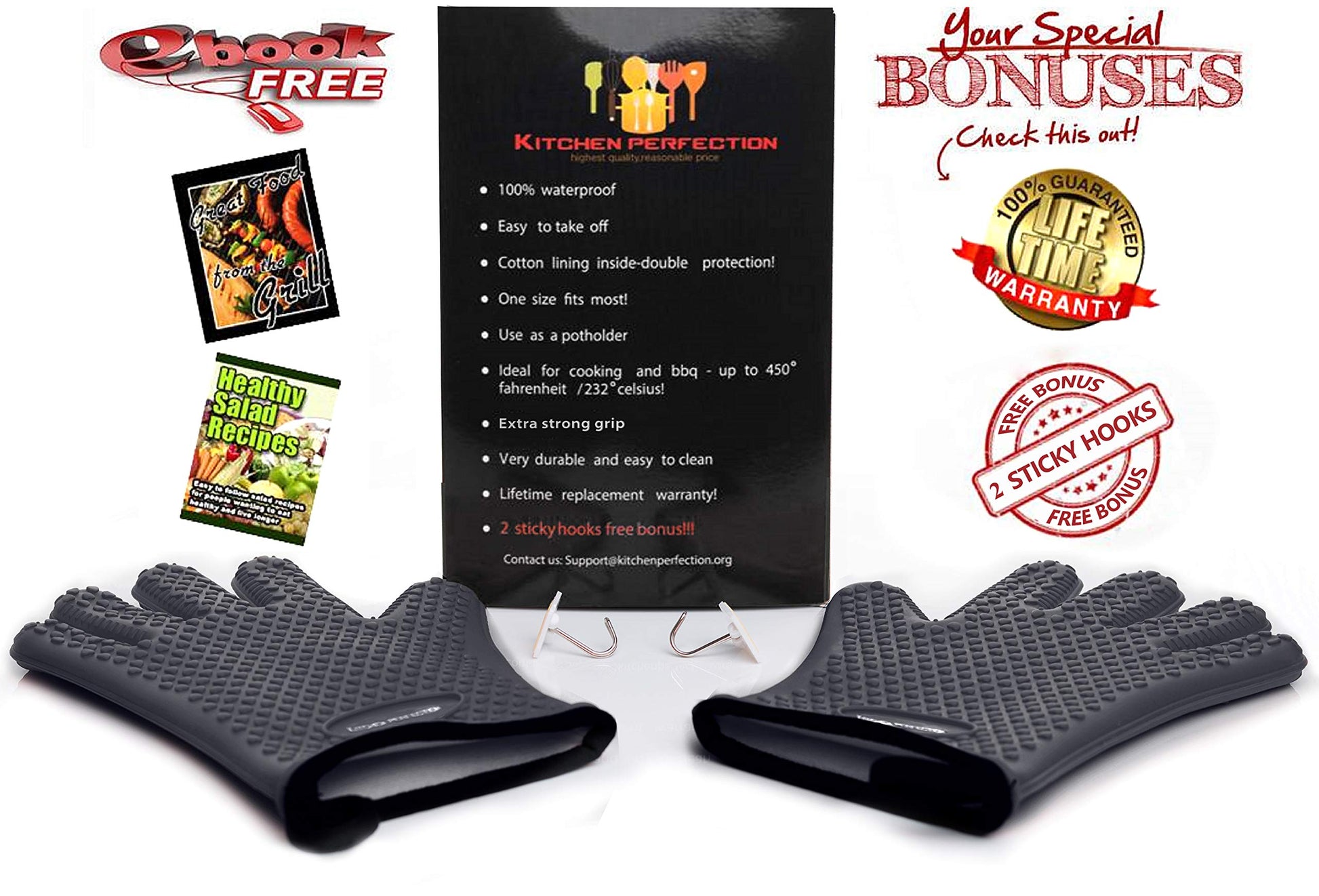 KITCHEN PERFECTION Silicone Smoker Oven Gloves-Extreme Heat Resistant BBQ Gloves-Handle Hot Food Right on Your Grill Fryer & Pit|Waterproof Grilling Cooking Baking Mitts|Superior Value Set +3 Bonuses - CookCave