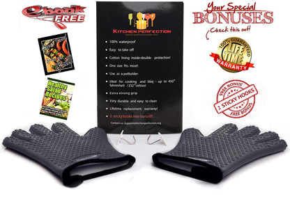 KITCHEN PERFECTION Silicone Smoker Oven Gloves-Extreme Heat Resistant BBQ Gloves-Handle Hot Food Right on Your Grill Fryer & Pit|Waterproof Grilling Cooking Baking Mitts|Superior Value Set +3 Bonuses - CookCave