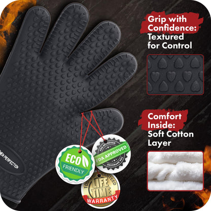 KITCHEN PERFECTION Silicone Smoker Oven Gloves-Extreme Heat Resistant BBQ Gloves-Handle Hot Food Right on Your Grill Fryer & Pit|Waterproof Grilling Cooking Baking Mitts|Superior Value Set +3 Bonuses - CookCave