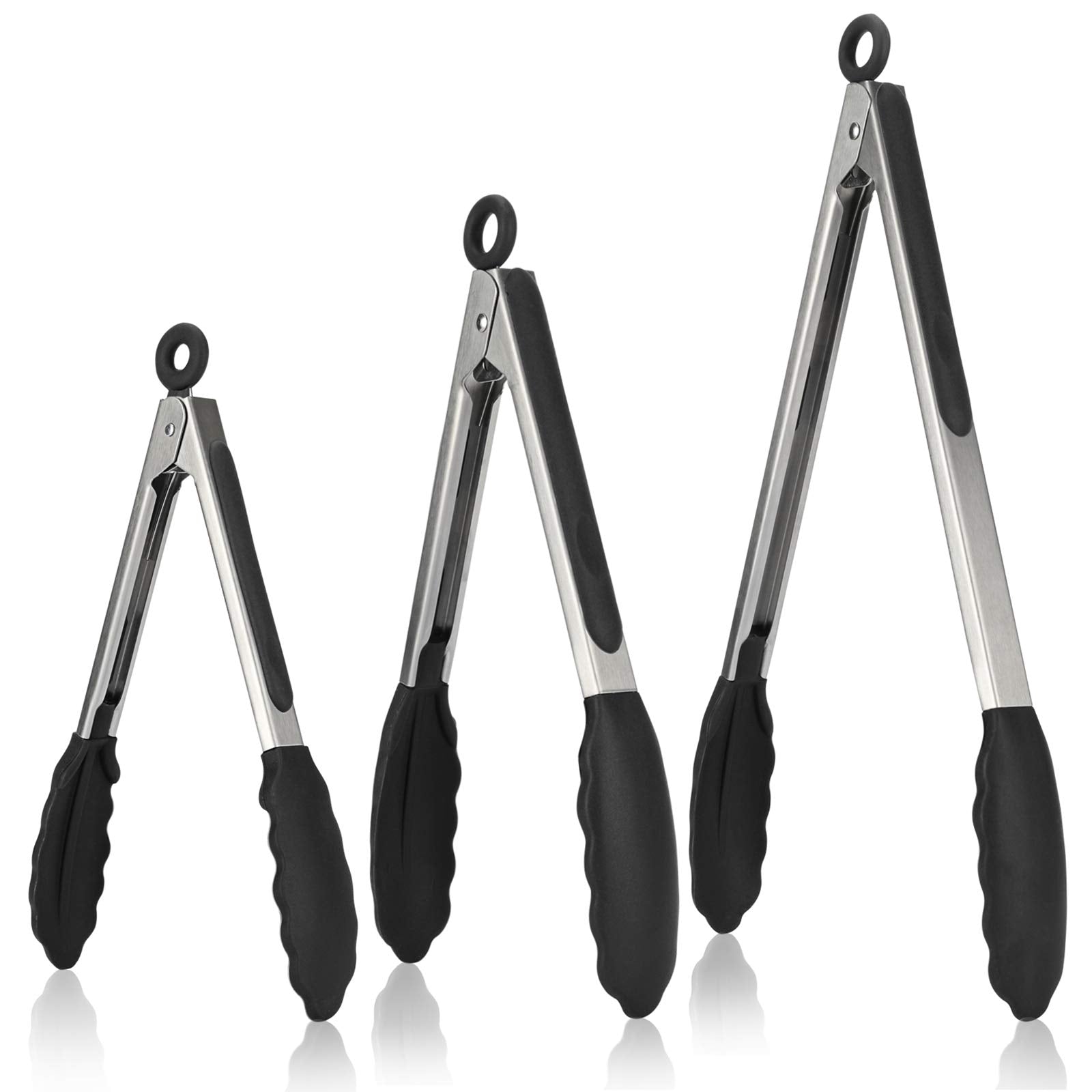 Kitchen Tongs, U-Taste 7/9/12 inches Cooking Tongs, with 600ºF High Heat-Resistant Non-Stick Silicone Tips, 18/8 Stainless Steel Handle, for Food Grill, Salad, BBQ, Frying, Serving, Pack of 3(Black) - CookCave