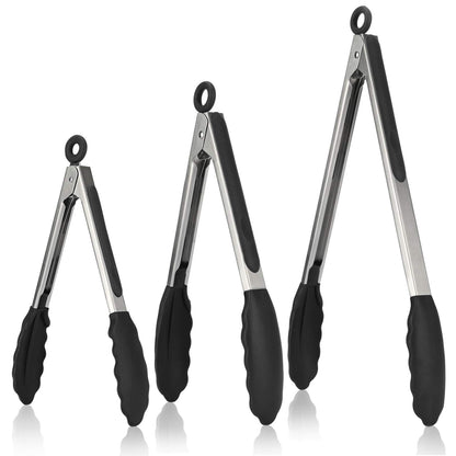 Kitchen Tongs, U-Taste 7/9/12 inches Cooking Tongs, with 600ºF High Heat-Resistant Non-Stick Silicone Tips, 18/8 Stainless Steel Handle, for Food Grill, Salad, BBQ, Frying, Serving, Pack of 3(Black) - CookCave