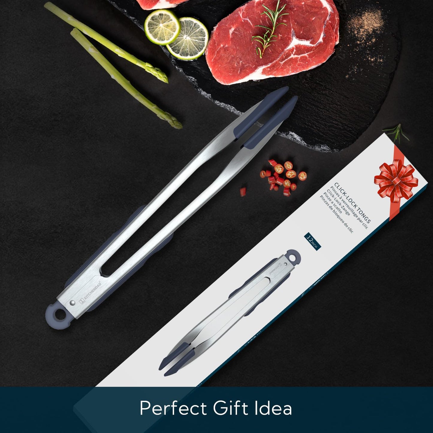 KITCHENDAO Tongs for Cooking with Silicone Tips 12 Inch, One-handed for Convenience, Soft-touch Handle, Silicone Tipped Stainless Steel Kitchen Food Grill BBQ Tongs for Non-stick Cookware Air Fryer - CookCave