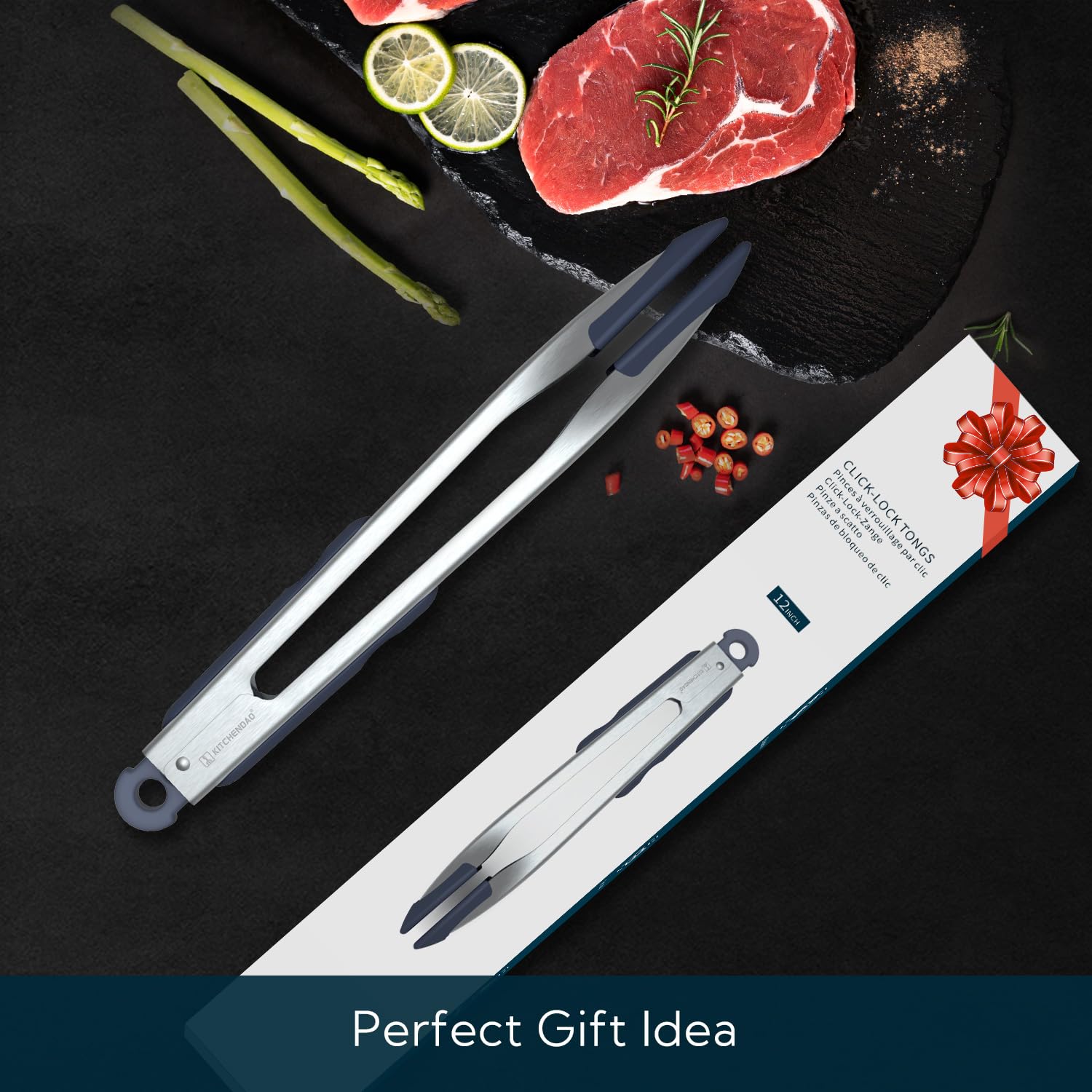 KITCHENDAO Tongs for Cooking with Silicone Tips 12 Inch, One-handed for Convenience, Soft-touch Handle, Silicone Tipped Stainless Steel Kitchen Food Grill BBQ Tongs for Non-stick Cookware Air Fryer - CookCave