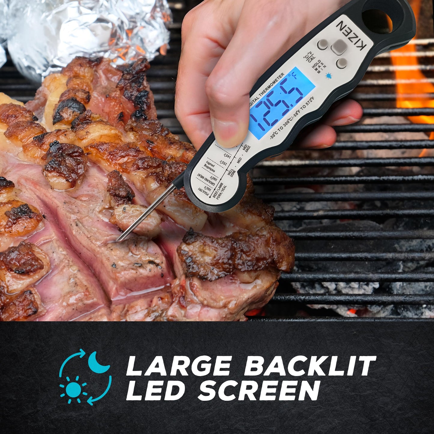 Kizen Instant Read Meat Thermometer Digital - Food Thermometer for Cooking, Grill, Oven, BBQ - Waterproof and Backlit Display - Kitchen Gadgets - CookCave