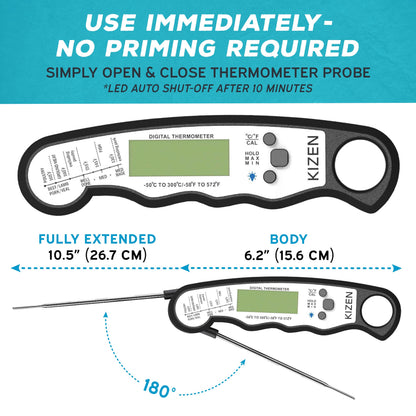 Kizen Instant Read Meat Thermometer Digital - Food Thermometer for Cooking, Grill, Oven, BBQ - Waterproof and Backlit Display - Kitchen Gadgets - CookCave
