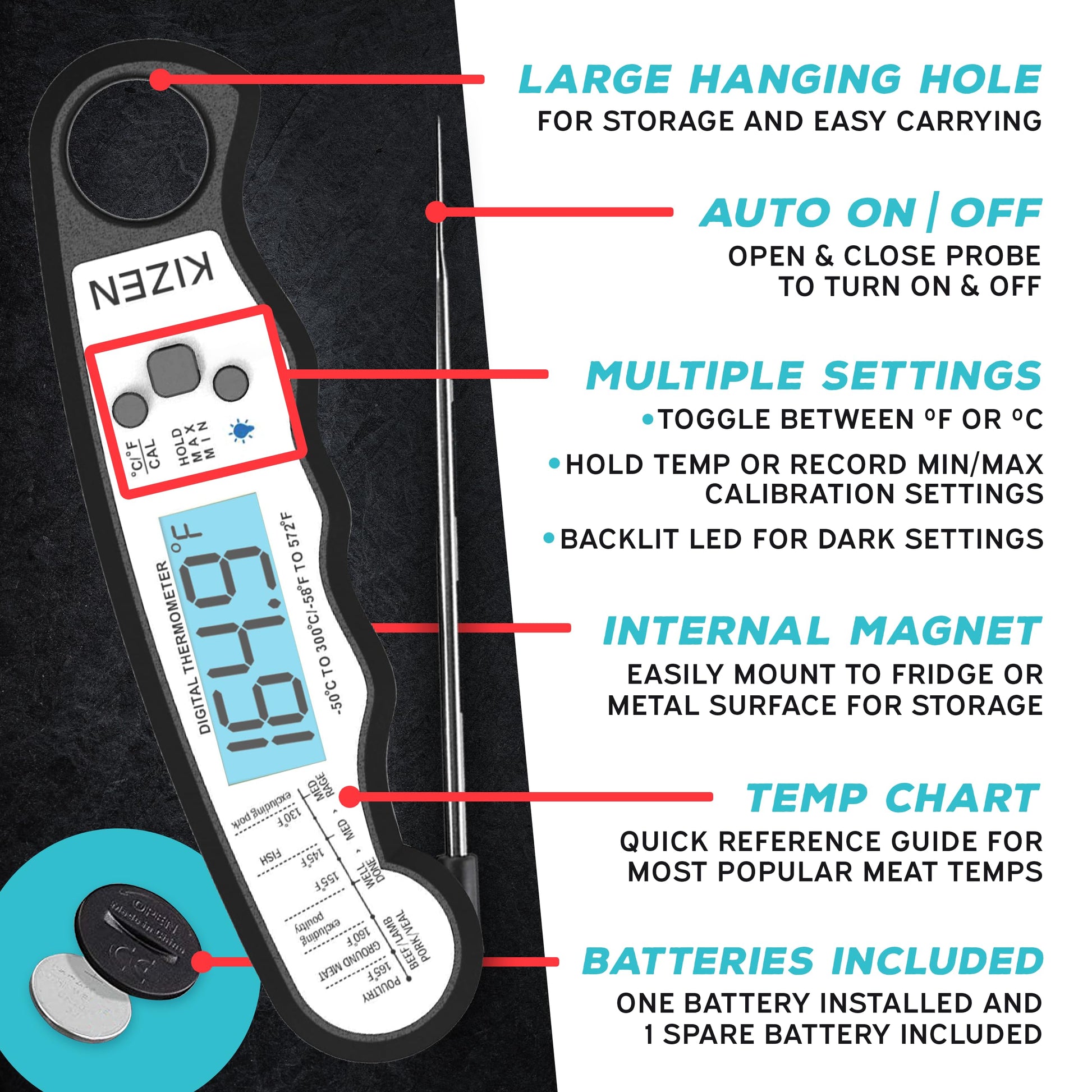 Kizen Instant Read Meat Thermometer Digital - Food Thermometer for Cooking, Grill, Oven, BBQ - Waterproof and Backlit Display - Kitchen Gadgets - CookCave