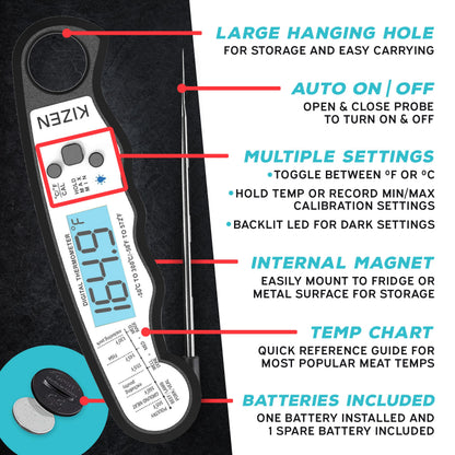 Kizen Instant Read Meat Thermometer Digital - Food Thermometer for Cooking, Grill, Oven, BBQ - Waterproof and Backlit Display - Kitchen Gadgets - CookCave