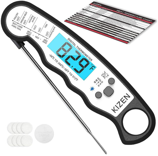 Kizen Instant Read Meat Thermometer Digital - Food Thermometer for Cooking, Grill, Oven, BBQ - Waterproof and Backlit Display - Kitchen Gadgets - CookCave