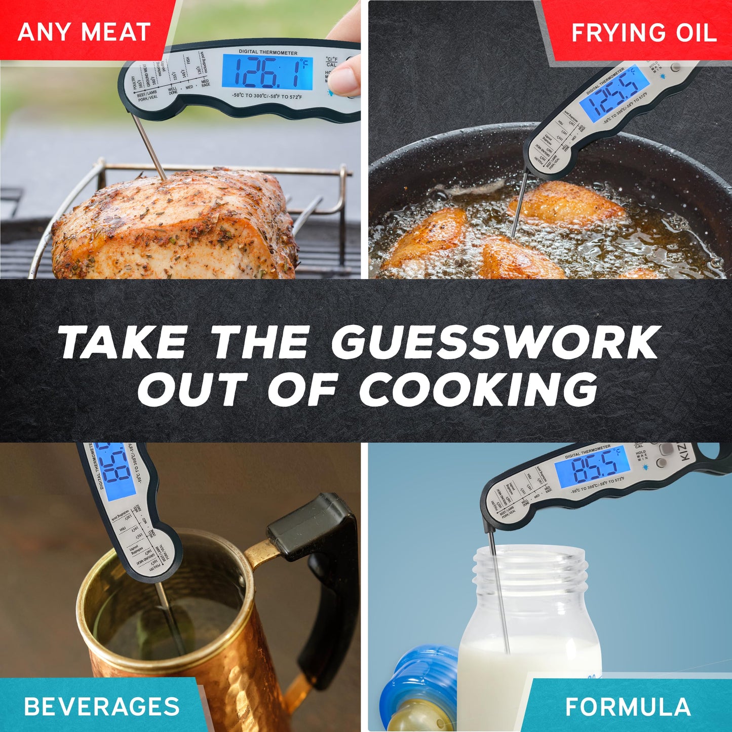 Kizen Instant Read Meat Thermometer Digital - Food Thermometer for Cooking, Grill, Oven, BBQ - Waterproof and Backlit Display - Kitchen Gadgets - CookCave