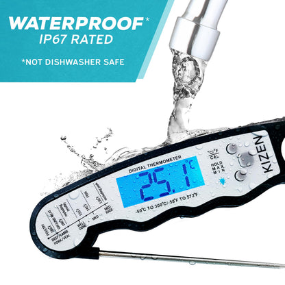Kizen Instant Read Meat Thermometer Digital - Food Thermometer for Cooking, Grill, Oven, BBQ - Waterproof and Backlit Display - Kitchen Gadgets - CookCave