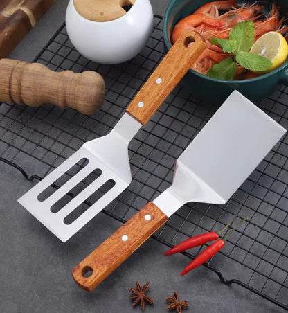 KLAQQED 2 PCS Metal Spatula for Cast Iron Skillet, Stainless Steel Grill Spatula Slotted Spatula Turner Fish Spatula with Wood Handle, Flat Top Grill Spatula, Griddle Metal Spatulas for Cooking BBQ - CookCave